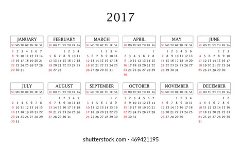 Calendar 2017 year in simple style. Months and days of week in English. Week starts from sunday. Text, thin frames in a separate layers.