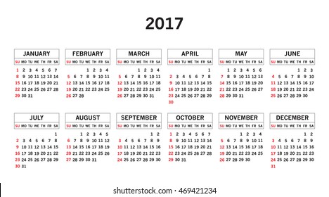 Calendar 2017 year in simple style. Months and days of week in English. Week starts from sunday. Text, thin frames in a separate layers.