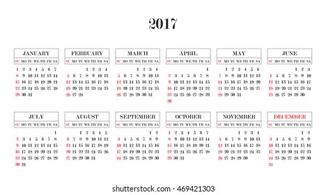 Calendar 2017 year in simple style. Months and days of week in English. Week starts from sunday. Text, thin frames in a separate layers.