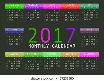 Calendar 2017 year simple style. Week starts from sunday. Vector