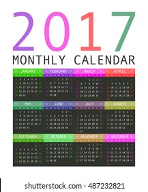 Calendar 2017 year simple style. Week starts from sunday