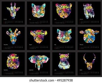 Calendar 2017 year simple style template with animal head low-poly in tropical flowers pattern colors . Week starts from sunday.American style vector.