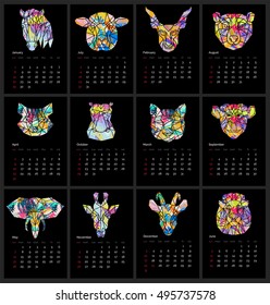 Calendar 2017 year simple style layered template with animal head low-poly in tropical flowers pattern colors . Week starts from sunday.American style vector.