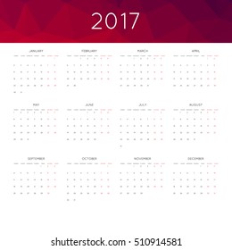 Calendar 2017 year simple style. With abstract geometric triangle mosaic tessellation header,banner.  Week starts from monday.