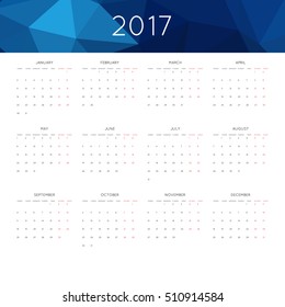 Calendar 2017 year simple style. With abstract geometric triangle mosaic tessellation header,banner.  Week starts from monday.