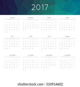 Calendar 2017 year simple style. With abstract geometric triangle mosaic tessellation header,banner.  Week starts from monday.