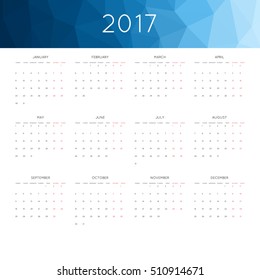 Calendar 2017 year simple style. With abstract geometric triangle mosaic tessellation header,banner.  Week starts from monday.