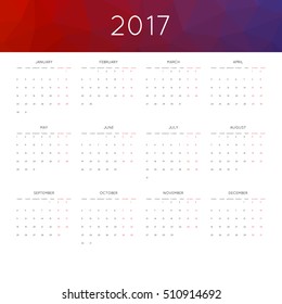 Calendar 2017 year simple style. With abstract geometric triangle mosaic tessellation header,banner.  Week starts from monday.