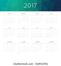 Calendar 2017 year simple style. With abstract geometric triangle mosaic tessellation header,banner.  Week starts from monday.