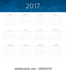 Calendar 2017 year simple style. With abstract geometric triangle mosaic tessellation header,banner.  Week starts from monday.