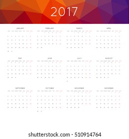 Calendar 2017 year simple style. With abstract geometric triangle mosaic tessellation header,banner.  Week starts from monday.