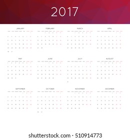 Calendar 2017 year simple style. With abstract geometric triangle mosaic tessellation header,banner.  Week starts from monday.