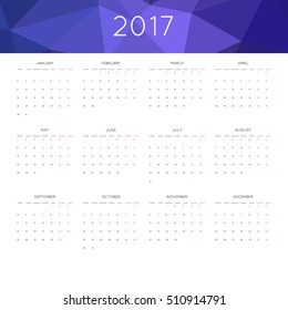 Calendar 2017 year simple style. With abstract geometric triangle mosaic tessellation header,banner.  Week starts from monday.
