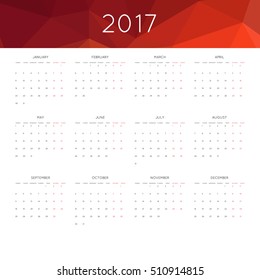 Calendar 2017 year simple style. With abstract geometric triangle mosaic tessellation header,banner.  Week starts from monday.