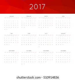 Calendar 2017 year simple style. With abstract geometric triangle mosaic tessellation header,banner.  Week starts from monday.