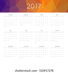 Calendar 2017 year simple style. With abstract geometric triangle mosaic tessellation header,banner.  Week starts from sunday