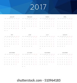 Calendar 2017 year simple style. With abstract geometric triangle mosaic tessellation header,banner.  Week starts from monday.