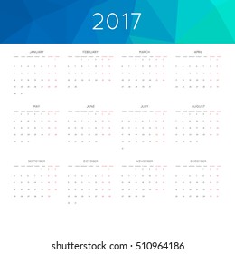 Calendar 2017 year simple style. With abstract geometric triangle mosaic tessellation header,banner.  Week starts from monday.