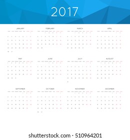 Calendar 2017 year simple style. With abstract geometric triangle mosaic tessellation header,banner.  Week starts from monday.
