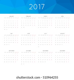 Calendar 2017 year simple style. With abstract geometric triangle mosaic tessellation header,banner.  Week starts from monday.