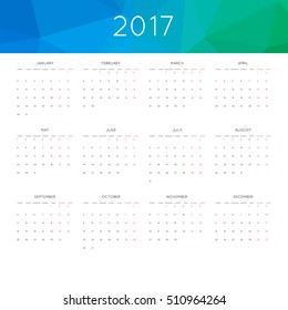 Calendar 2017 year simple style. With abstract geometric triangle mosaic tessellation header,banner.  Week starts from monday.