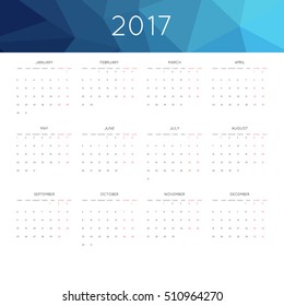 Calendar 2017 year simple style. With abstract geometric triangle mosaic tessellation header,banner.  Week starts from monday.