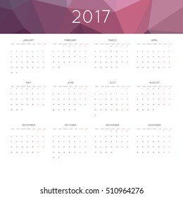 Calendar 2017 year simple style. With abstract geometric triangle mosaic tessellation header,banner.  Week starts from monday.