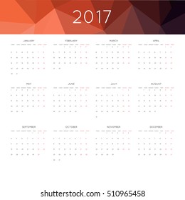 Calendar 2017 year simple style. With abstract geometric triangle mosaic tessellation header,banner.  Week starts from monday.