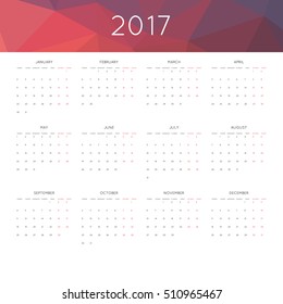 Calendar 2017 year simple style. With abstract geometric triangle mosaic tessellation header,banner.  Week starts from monday.