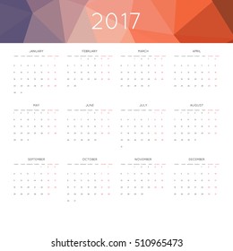 Calendar 2017 year simple style. With abstract geometric triangle mosaic tessellation header,banner.  Week starts from monday.