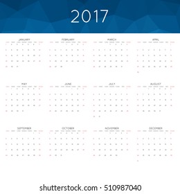 Calendar 2017 year simple style. With abstract geometric triangle mosaic tessellation header,banner.  Week starts from sunday.