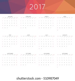 Calendar 2017 year simple style. With abstract geometric triangle mosaic tessellation header,banner.  Week starts from sunday.