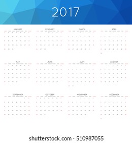 Calendar 2017 year simple style. With abstract geometric triangle mosaic tessellation header,banner.  Week starts from sunday.