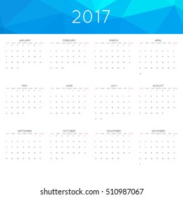 Calendar 2017 year simple style. With abstract geometric triangle mosaic tessellation header,banner.  Week starts from sunday.