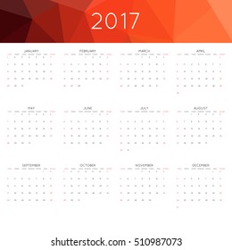 Calendar 2017 year simple style. With abstract geometric triangle mosaic tessellation header,banner.  Week starts from sunday.