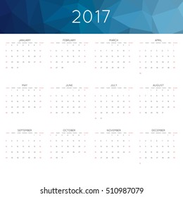 Calendar 2017 year simple style. With abstract geometric triangle mosaic tessellation header,banner.  Week starts from sunday.