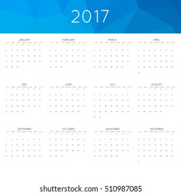 Calendar 2017 year simple style. With abstract geometric triangle mosaic tessellation header,banner.  Week starts from sunday.
