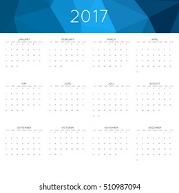 Calendar 2017 year simple style. With abstract geometric triangle mosaic tessellation header,banner.  Week starts from sunday.