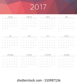 Calendar 2017 year simple style. With abstract geometric triangle mosaic tessellation header,banner.  Week starts from sunday.