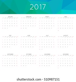 Calendar 2017 year simple style. With abstract geometric triangle mosaic tessellation header,banner.  Week starts from sunday.