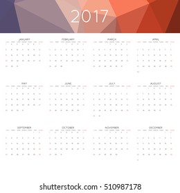 Calendar 2017 year simple style. With abstract geometric triangle mosaic tessellation header,banner.  Week starts from sunday.