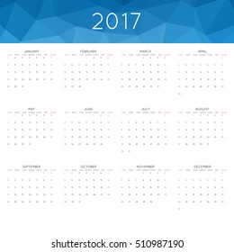 Calendar 2017 year simple style. With abstract geometric triangle mosaic tessellation header,banner.  Week starts from sunday.