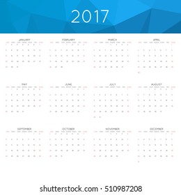 Calendar 2017 year simple style. With abstract geometric triangle mosaic tessellation header,banner.  Week starts from sunday.