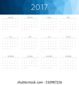 Calendar 2017 year simple style. With abstract geometric triangle mosaic tessellation header,banner.  Week starts from sunday.