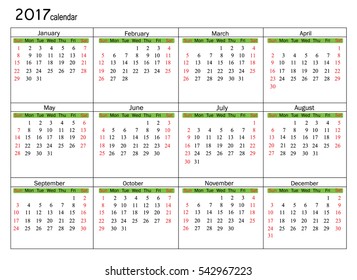 Calendar 2017 year simple style. Week starts from sunday