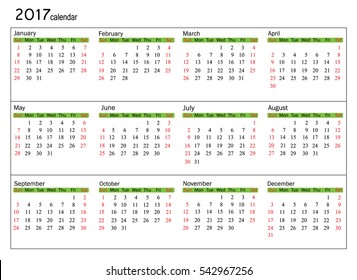 Calendar 2017 year simple style. Week starts from sunday