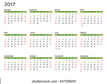Calendar 2017 year simple style. Week starts from sunday