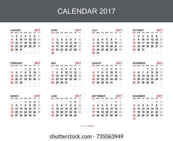 Calendar 2017 year simple style. Week starts from Sunday. Vector illustration.