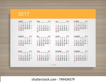 Calendar 2017 year in simple style on white canvas frame. Week starts from Sunday. Vector illustration.