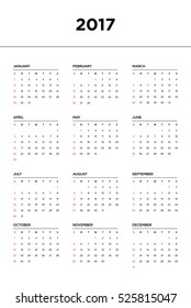 Calendar 2017 for a year start week from Sunday, vector illustration